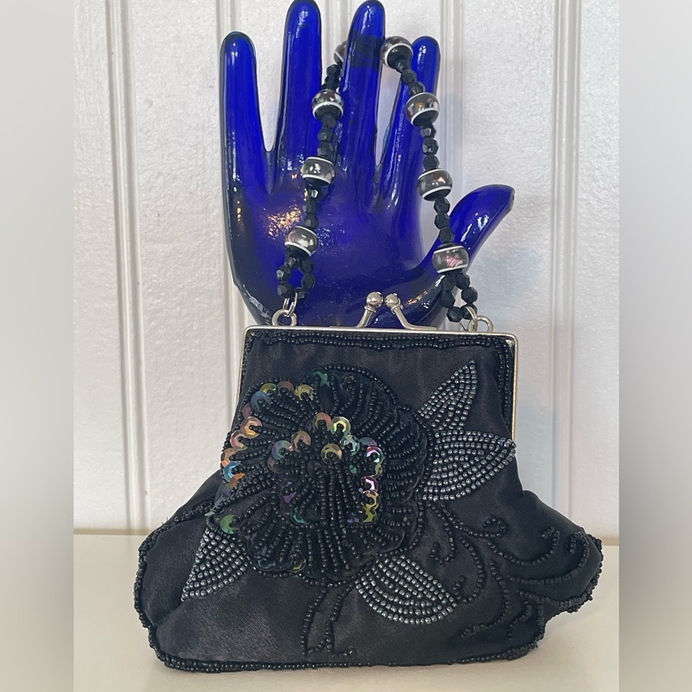 Vintage Bijoux Terner Beaded Small Black Satin Evening Bag with Beaded handle